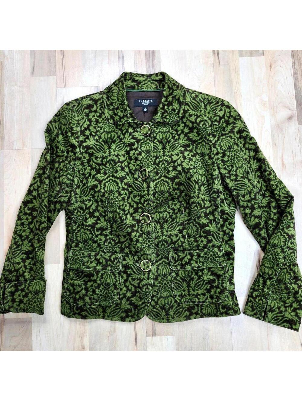 Talbots Green & Black Damask Print Blazer Jacket Button Front Floral Baroque 6P
